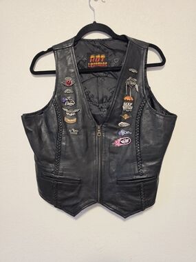 Hot Leathers Black Leather Zip Front Harley Vest with Pins Size Womens XL